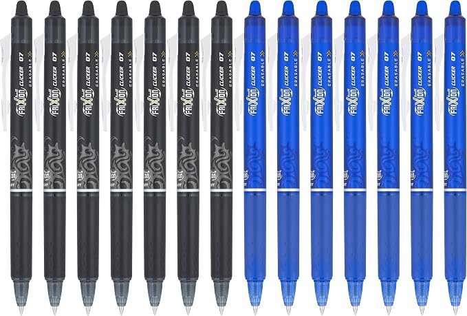 Pilot, FriXion Clicker Erasable Gel Pens, Fine Point 0.7 mm, Pack of 14, Black & Blue