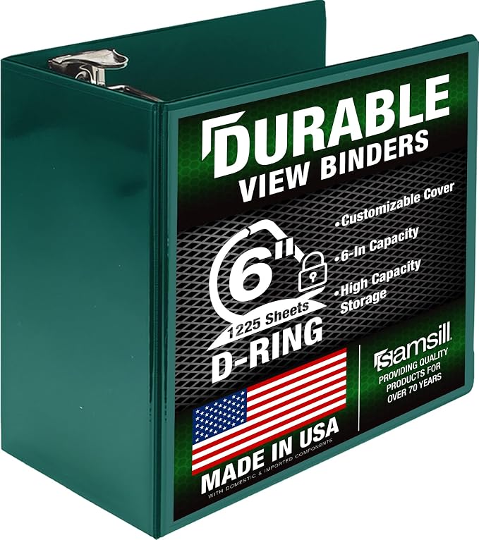 Samsill Durable 6 inch 3 Ring Binder, Locking D Ring Binder, Customizable Clear View Cover, Green, Holds 1225 Pages