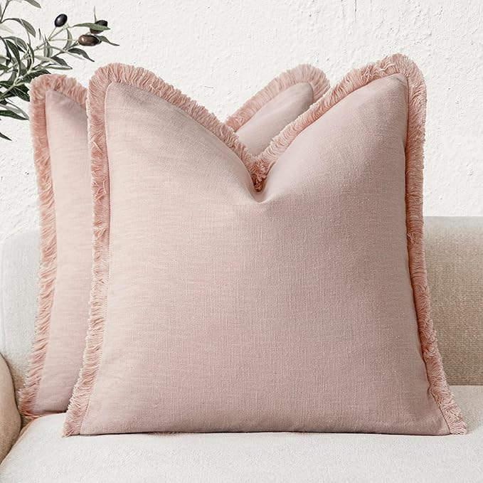 Foindtower Set of 2 Decorative Linen Fringe Throw Pillow Covers Boho Farmhouse Cushion Cover with Tassels Soft Accent Pillowcase for Couch Chair Sofa Bed Living Room Home Decor,24×24 Inch,Light Pink