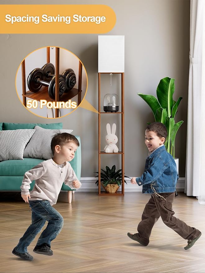 Floor Lamp with Shelves for Living Room Walnut Brown 2 Pack, Shelf Floor Lamp with 3 CCT LED Bulb, Corner Display Standing Column Lamp Etagere Organizer Tower Nightstand for Bedroom