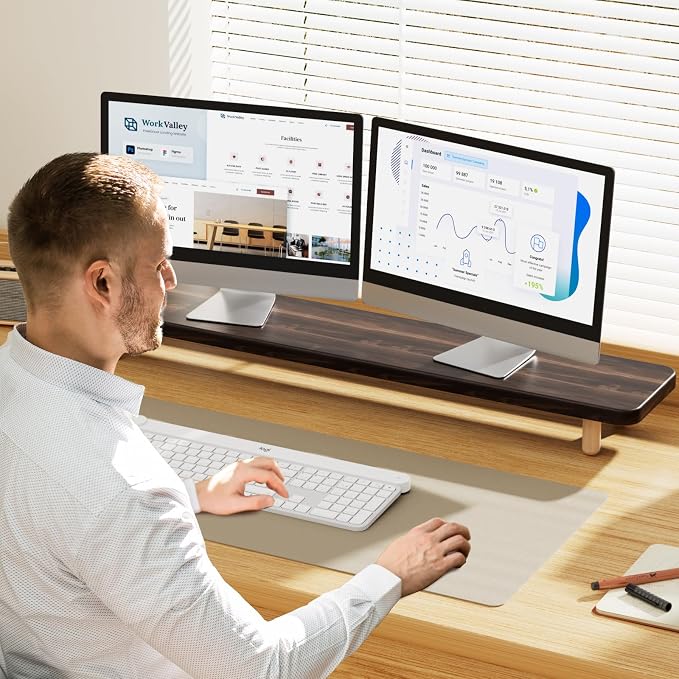 Dual Monitor Stand Riser, 39 Inch Extra Long Wooden Desktop Monitor Riser with Storage for 2 Monitors Ultra Strong Desk Shelf Organizer Riser Ergonomic for 2 Screens/Laptop/PC/TV/Printer (Dark Walnut, 39inches)