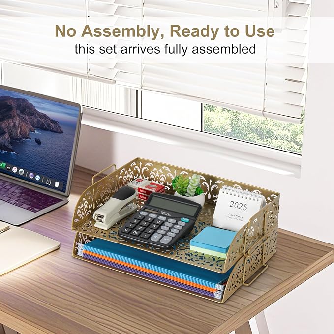 EasyPAG Paper Organizer for Desk 2 Tier Stackable Paper Tray for A4 Legal Size Folders Metal File Storage Desktop Organizer for Home Office School Teacher, Gold