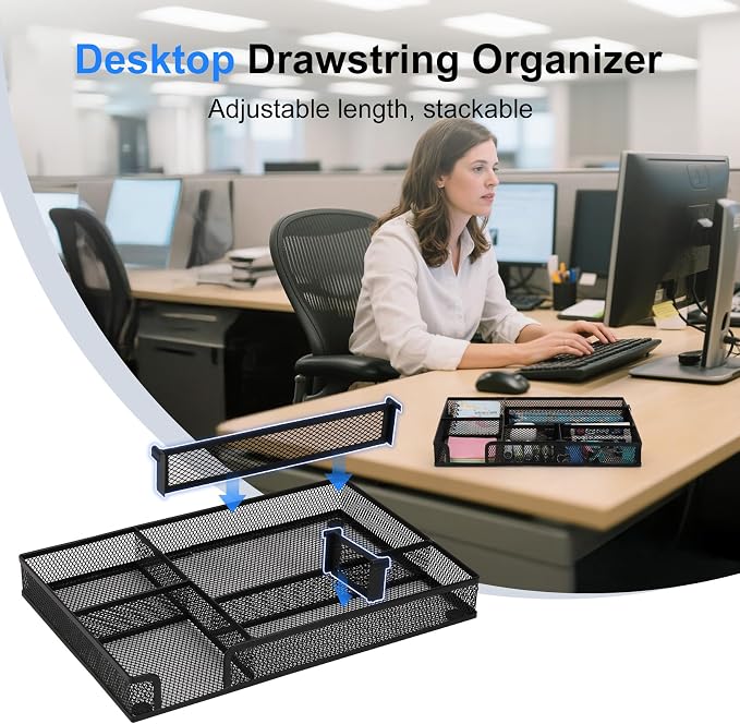 Desk Drawer Organizer, 2 Pack Junk Drawer Organizer Tray with 2 Adjustable Compartments, Desktop Metal Mesh Office Desk Organizer, Multifunction Pen Organizer Set for Office School Makeup Supplies (2)