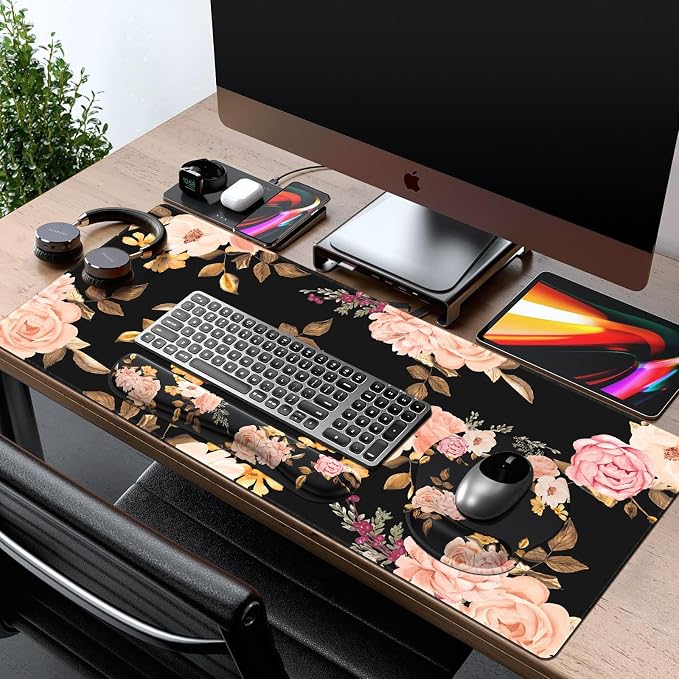 iCasso Floral 4in1 Computer Mat, 35.4"x15.7" Work Mat for Computer | Retro Ergonomic Desk Pad Including Keyboard Wrist Rest, Mousepad Set for Teacher Cubicle Office Computer Setup