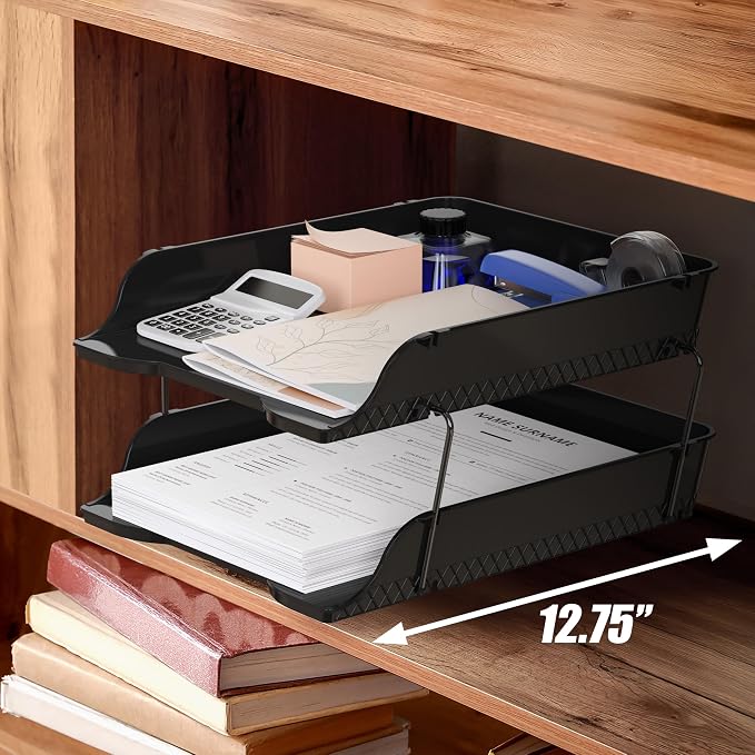 Simple Houseware 2-Tier Stackable Paper Tray for Desk Organizer, Black | Desktop File Holder for A4/Letter Size Documents, File Sorter, Paper Holder, Office File & Accessories Storage