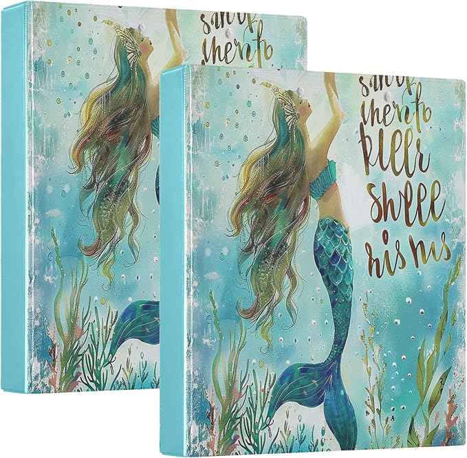 Mermaid Round Ring Binders 1.5 Inch Tail Scale Sea Ocean Wave 3 Ring Clipboard Binder for Office School Work Supplies File Folder 200 Sheet Capacity Easy Open 2 Pieces