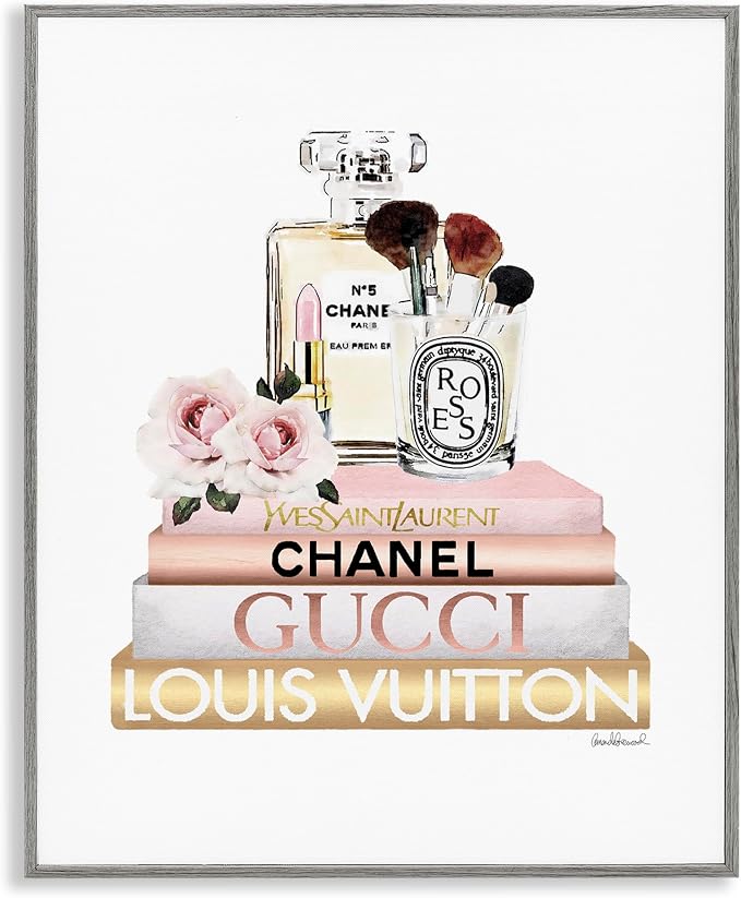 'Glam Cosmetics on Fashion Books'| Framed Giclee Art | Stupell Industries | Gray, 16 x 20 Inches, Easy to Hang and Sturdy, Made in USA, by Amanda Greenwood