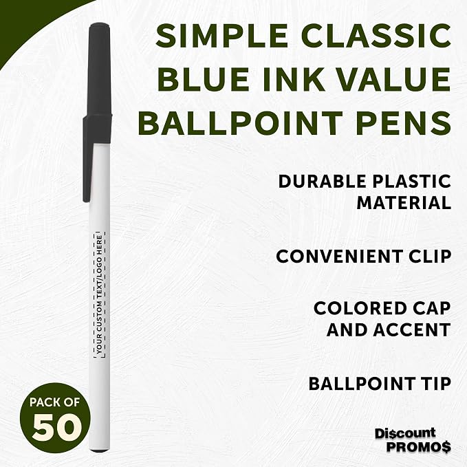 DISCOUNT PROMOS Custom Value Stick Pens Set of 50, Personalized Bulk Pack - Blue Ink, Great for Office, School, Business, Tradeshows, Events - Black Cap