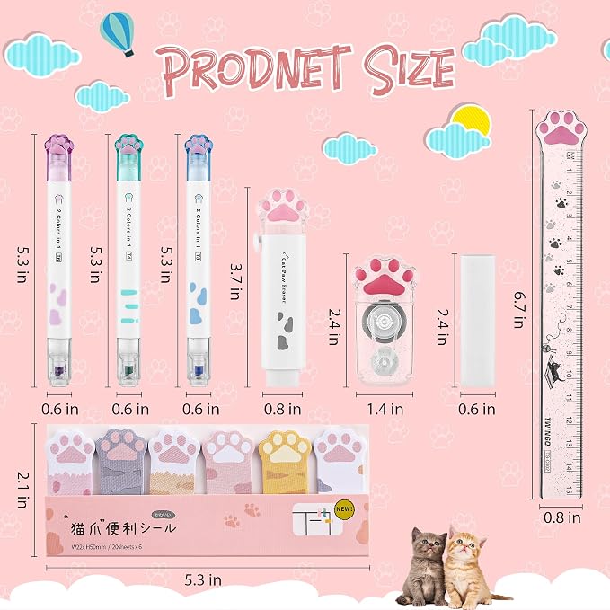 8 Pcs Cute Cat Paw Stationery Set Kawaii School Office Supplies Including Eraser Correction Tape Highlighters Sticky Notes Ruler for Cat Lovers Students (White)