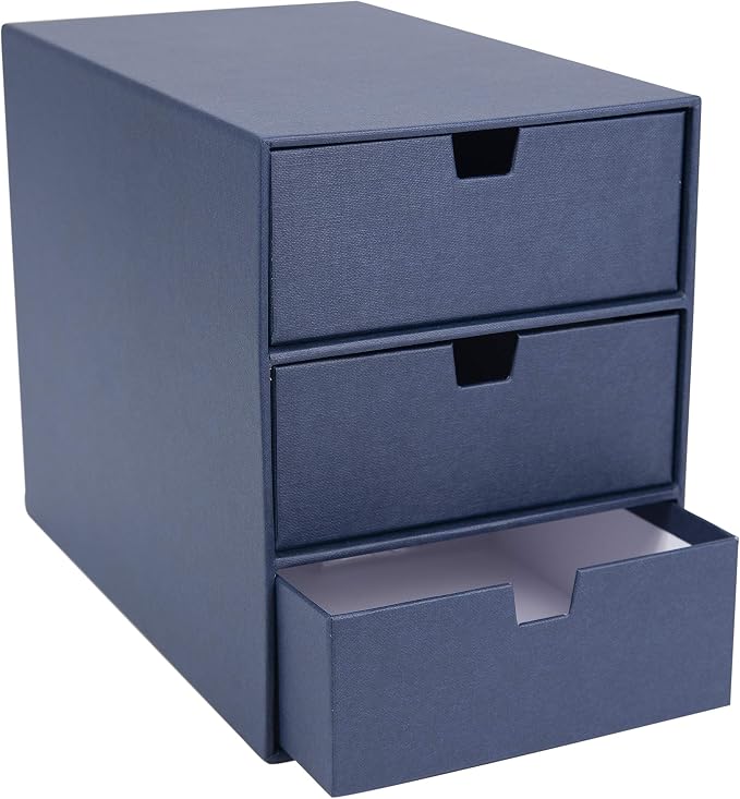 Bigso Box of Sweden Ingrid 3-Drawer Fiberboard Desk Organizer for Office Supplies & Accessories - Stackable Makeup Drawer Organizer - 6.3in x 9.9in x 8.1in - Blue