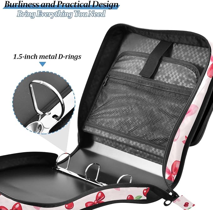 Cherries Red Bows Zipper Binder 3 Ring with Handle and Shoulder Strap, 500 Sheet Binder Organizer Capacity & Multi-Pockets for School Office