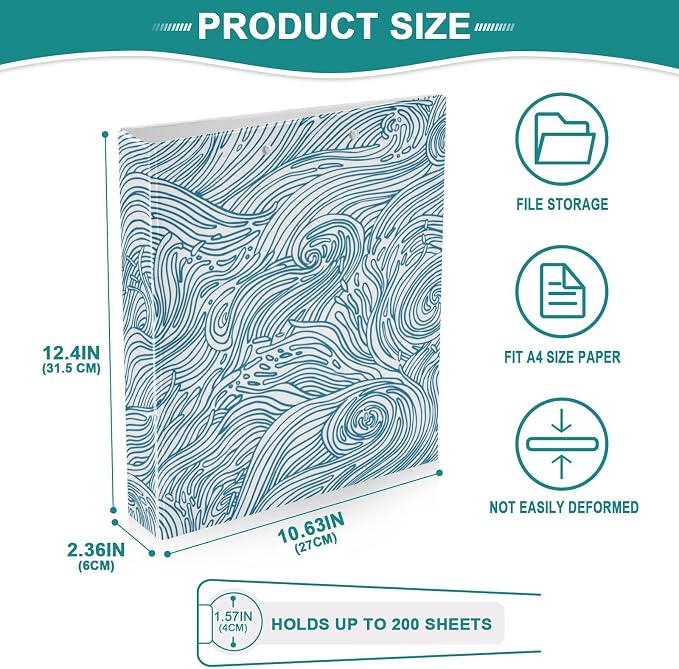 Line Drawn Wave Water Ripple Binder 1.5 Inch Binder with Clipboard&Pockets, Blue and White Heavy Hardcover Binders 3 Ring, Duty Large File Folder for Office School Supplies - Holds 200 Sheets