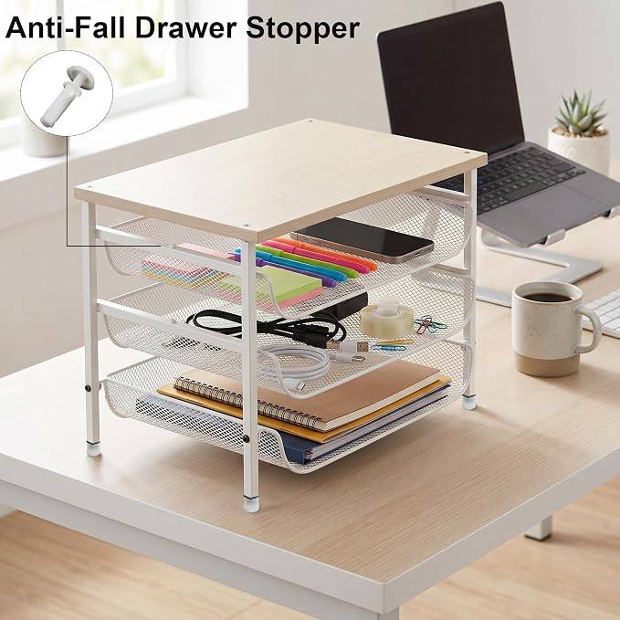 4-Tier Printer Stand for Desk with Storage Drawer Wooden Top Printer Shelf Metal Desktop Organizer Paper Organizer Printer Table for Home Office Accessories White
