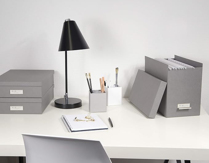 Bigso John Fiberboard Label Frame Desktop File Storage Box - Document Organizer for Important Paperwork - Durable Hanging File Box with a Lid & Metal Label Window - 7.36 x 13.38 x 10.51 in - Grey