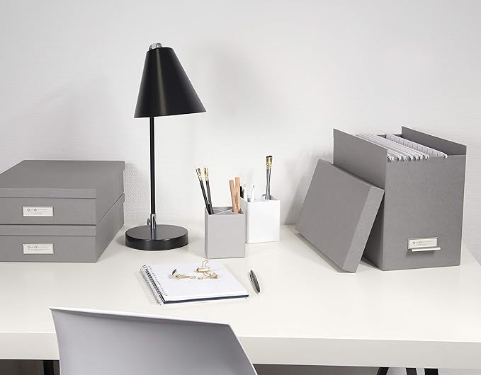 Bigso John Fiberboard Label Frame Desktop File Storage Box - Document Organizer for Important Paperwork - Durable Hanging File Box with a Lid & Metal Label Window - 7.36 x 13.38 x 10.51 in - White