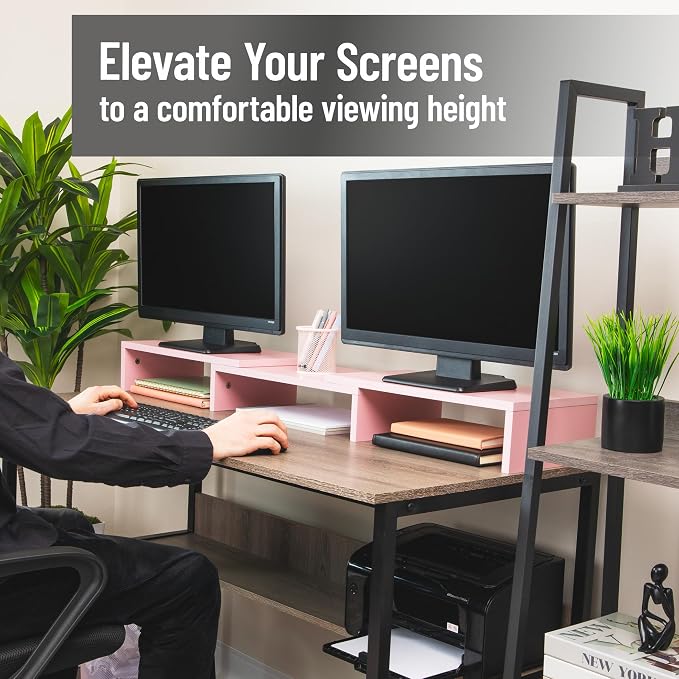Mind Reader Dual Monitor Stand, Desktop Organizer, Laptop Riser, Office, MDF, 51.25"L x 9.25"W x 4.75"H, Pink