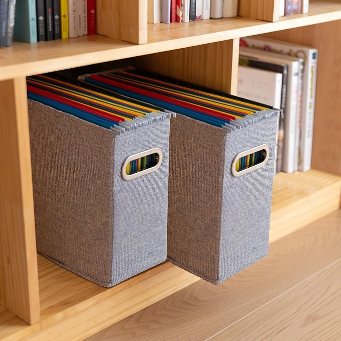 4 Pack Letter Size File Storage Box Collapsible, Fabric Hanging File Folders Organizer, Portable Office Document Holder with Metal Handle, Smooth PVC Rails, Gray