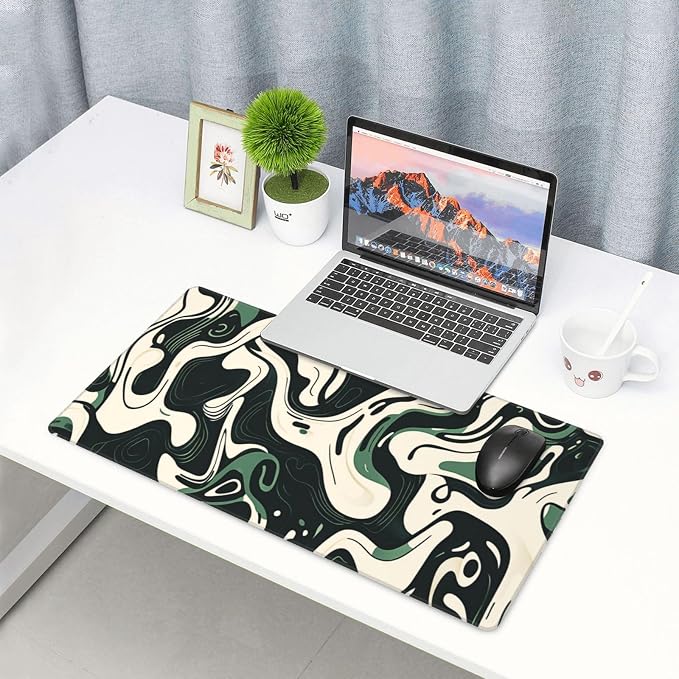 XXL Gaming Mouse Pad 31.5x15.7 Inch, Topographic Green White Desk Mat | Abstract Topographic Design with Waterproof Non Slip Rubber Base, Extended Keyboard Mouse Mat for PC Laptop Office & Gaming