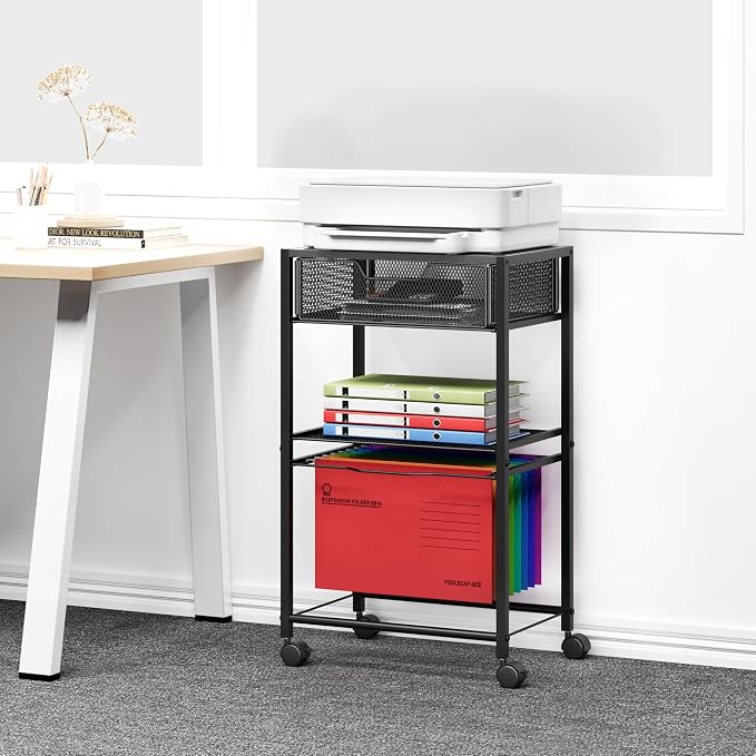 Cawukege 3 Tier Printer Stand, Small Mobile Table with Wheels, Printer Shelf Rolling Cart with Storage Desk Organizer Hanging File for Office Home, Black