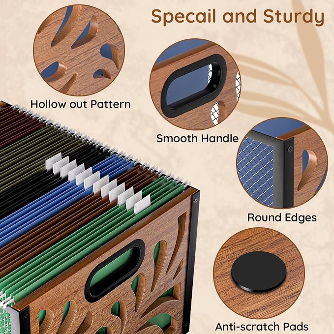 Wood File Box,Hanging File Organizer,File Storage Box Bin for Letter Size | Decorative Filing Boxes Bin, Portable Desktop Files Folder Organizer for Home Office School Desk Cabinet