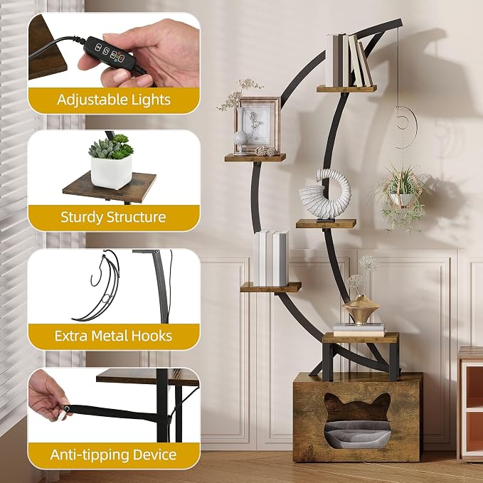 DWVO Tall Bookshelf with LED Light | Artistically Designed Moon Arched Bookcase, Cats Litter Box, Corner Display Shelf, For Home Office, Bedroom