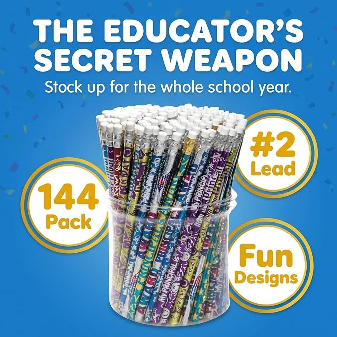 Anderson's Principal Designs Pencil Tub, Fun & Colorful Pencils, Perfect for School Supplies, Classroom Rewards, Creative Writing, Party Favors, and Motivational Gifts, Set of 144