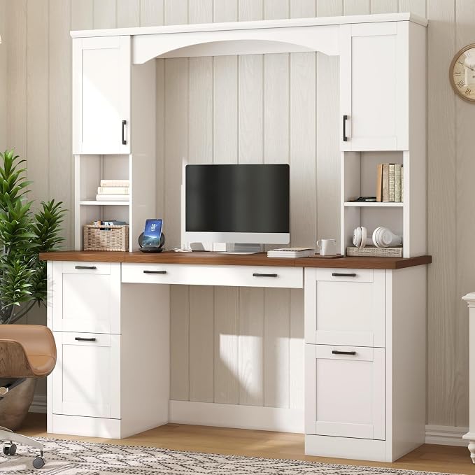 Merax Farmhouse Arched 67" Computer Desk with Power Outlets & Keyboard Tray | Wood Executive Home Office Desk with Hutch, Writing Desk with Storage Drawers for Working Study, White