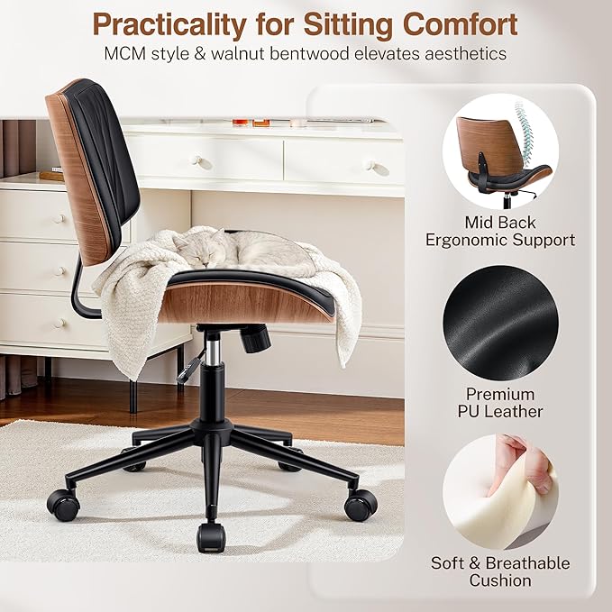 Ergonomic Armless Office Desk Chair - Mid-Century Modern Black Faux Leather with Diamond Stitch, Adjustable Height Swivel Rolling Task Computer Chair with Walnut Accent for Home Office, Study & Work