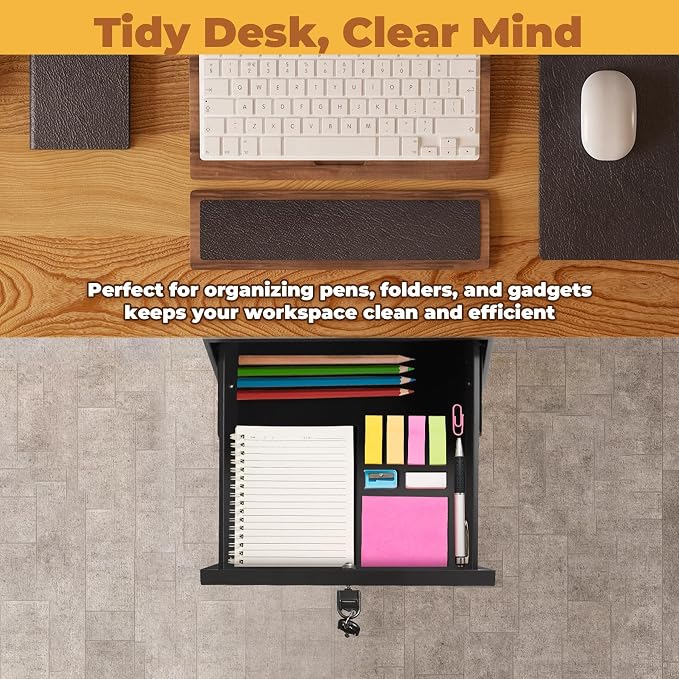 POPMOON 18in Under Desk Drawer with Lock, Large Pull Out Storage Organizer | Large 18in Lockable Under Table Drawer, Smooth Slide Rails, Adjustable Mounting Height, Supports Up To 33 Lb