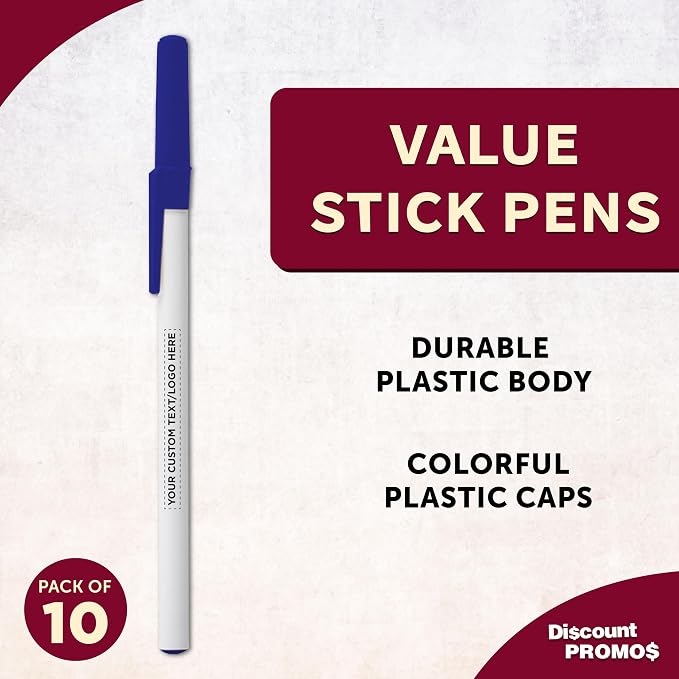 DISCOUNT PROMOS Custom Value Stick Pens Set of 10, Personalized Bulk Pack - Black Ink, Great for Office, School, Business, Tradeshows, Events - Blue
