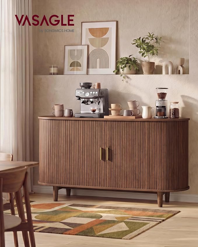 VASAGLE Storage Cabinet, Sideboard with Adjustable Shelves | Mid-Century Modern Buffet Cabinet, 55.1 x 15.7 x 29.5 Inch, for Living Room, Walnut, MIRIANA Collection ULSC631KX01