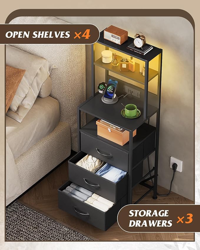 WLIVE Tall Nightstand with Charging Station, LED Night Stand with 3 Fabric Drawers and Storage Open Shelves, Bedroom Nightstand Table, Bed Side Table for Living Room, Black