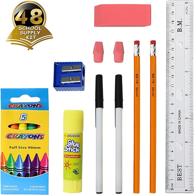 Moda West 48 Pack Bulk School Supplies 16 Piece Kit - Pens, Pencils, Crayons, and More - Essential Box of School Supplies for Elementary, Middle, and High School Students