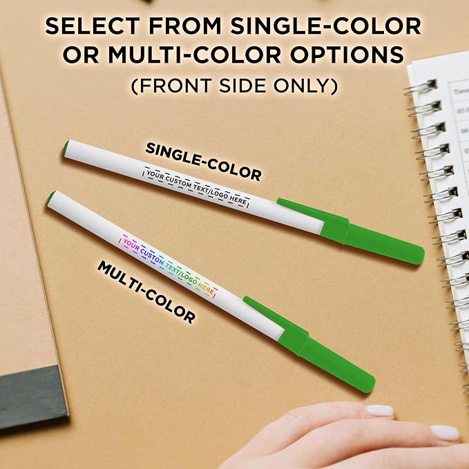 DISCOUNT PROMOS Custom Value Stick Pens Set of 100, Personalized Bulk Pack - Blue Ink, Great for Office, School, Business, Tradeshows, Events - Green Cap