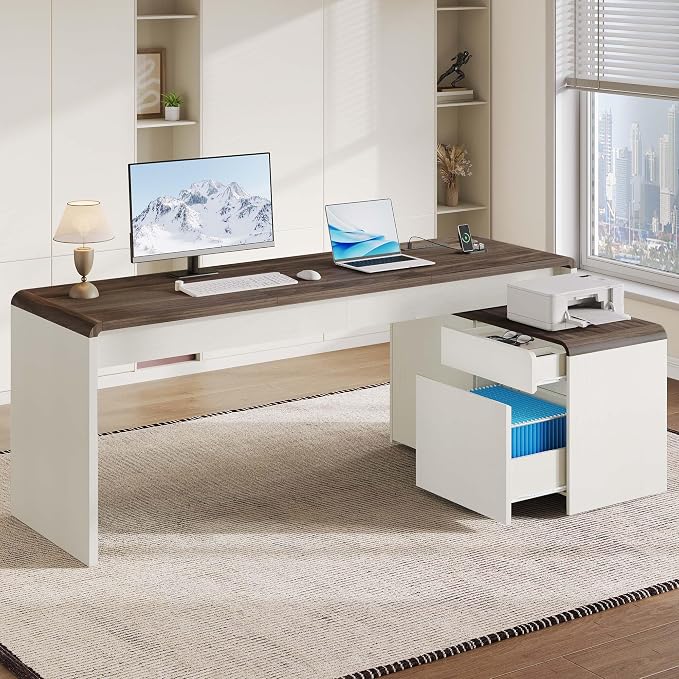 78" L-Shaped Desk with Mobile File Cabinet, White & Walnut | Mid-Century Executive L-Desk with Mobile File Cabinet, Drawers & Power Hub (4AC+2USB) Waterfall Edge. For Home Office