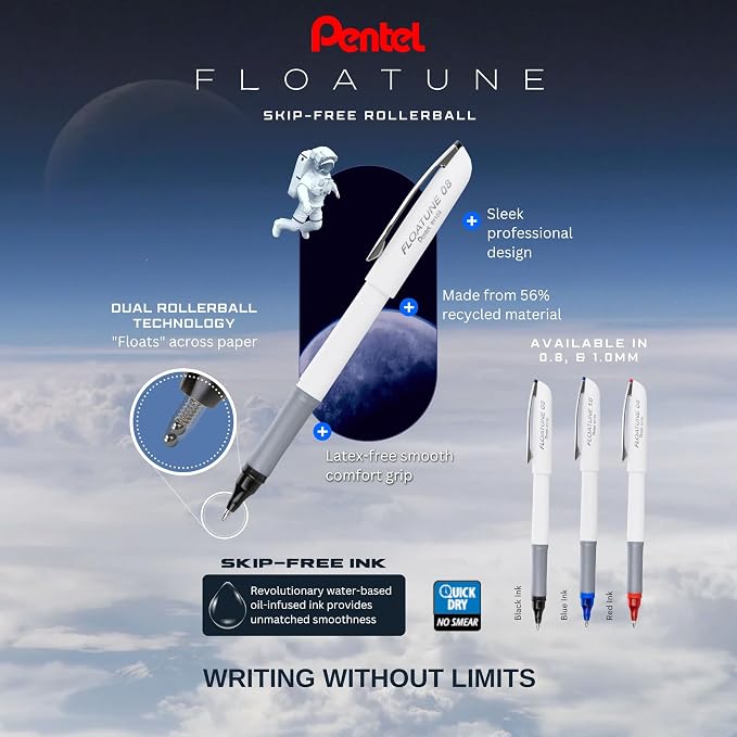 Pentel Floatune Rollerball, 0.8mm Medium Line, Black Ink, 12 Pack