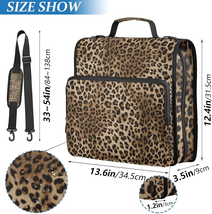 Fisyme Leopard Print Zipper Binder 3 Ring with Zipper and Shoulder Strap Large Capacity Multi-Pocket Binder Organizer