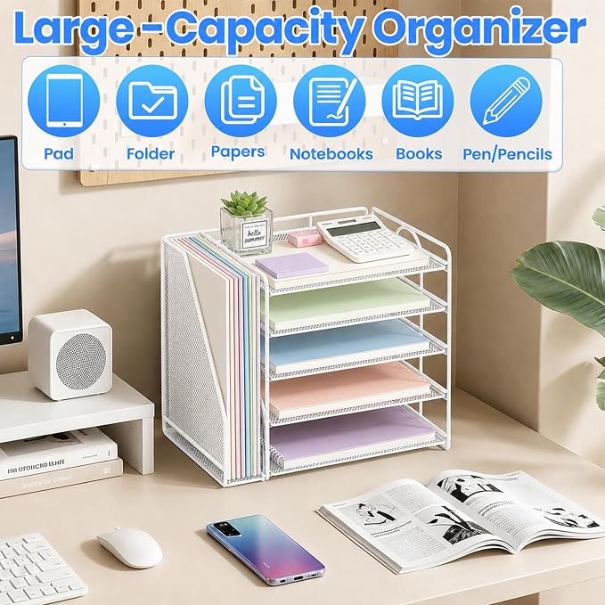 Desk Organizer, 5-Tier Paper Organizer Letter Tray, White | Desk Organizers and Accessories, Office Desk Accessories & Workspace Organizers, Desktop File Organizer for Office Supplies