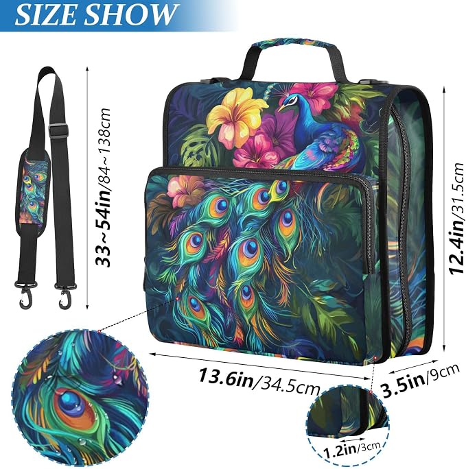 Beautiful Peacock 3 Ring Zipper Binder with Handle 1.5 inch Binder Organizer Bag, Multi Pockets Office File Folder Bag with Shoulder Strap 500 Sheet Capacity