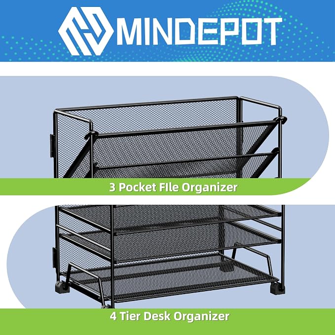 MINDEPOT 4-Tier Paper Organizer + 3-Pocket File Holder, Desktop File Organizers Paper Tray for Office School Classroom Workspace Organization (Black Desk Organizer, No Drawer & No Pen Holder)