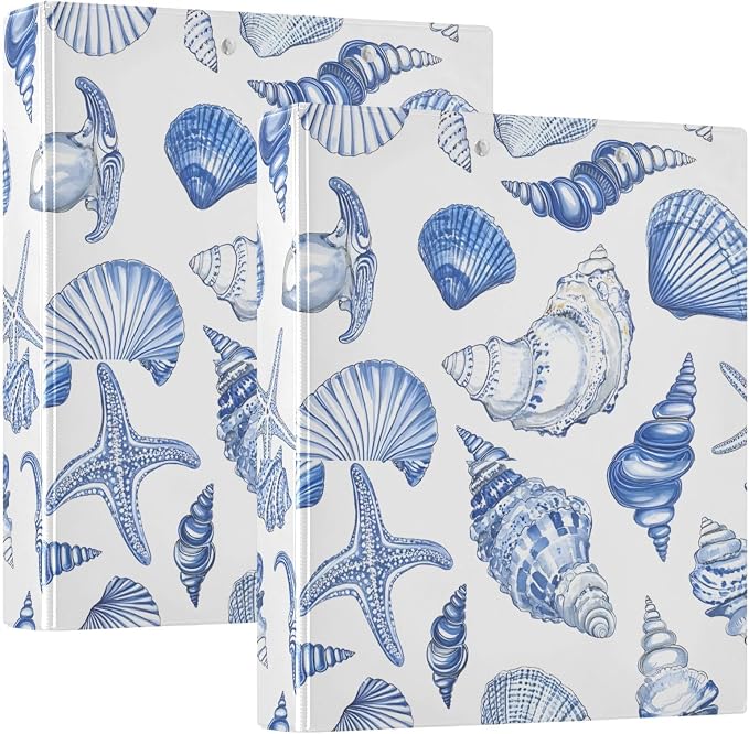 3 Ring Binder Blue Seashells Ocean Nautical Coastal 1.5 inch Binders Three Ring Binders with Clipboard Fit 8.5'' x 11'' Paper 3 Interior PVC Clear Pockets for Office Supplies