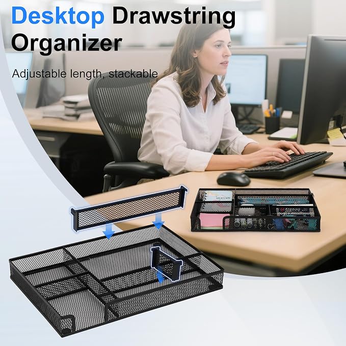 Desk Organizer, Desk Drawer Organizer Tray with Adjustable Dividers, Black Desktop Metal Mesh Office Desk Organizer, Stackable Multifunctional Pen Organizer for Office School Home Makeup Supplies (1)