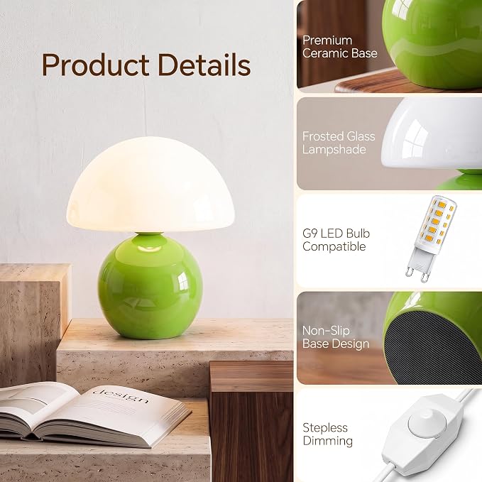 Mushroom Lamp Table Lamp for Bedroom-Small Desk Table Lamps,Green | 8.7" Mid Century Modern Table Lamps for Living Room Bedroom Decor,Cute Ceramic Lamps for Mushroom Home Room Decor,Glass Shade