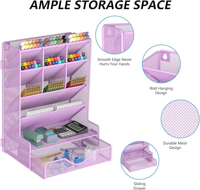 BOHDK Pen Organizer for Desk, Multi-Functional Desk Organizer, Wall Mount Pen Holder with Drawer for School, Office, Home, Art Supplies, Purple