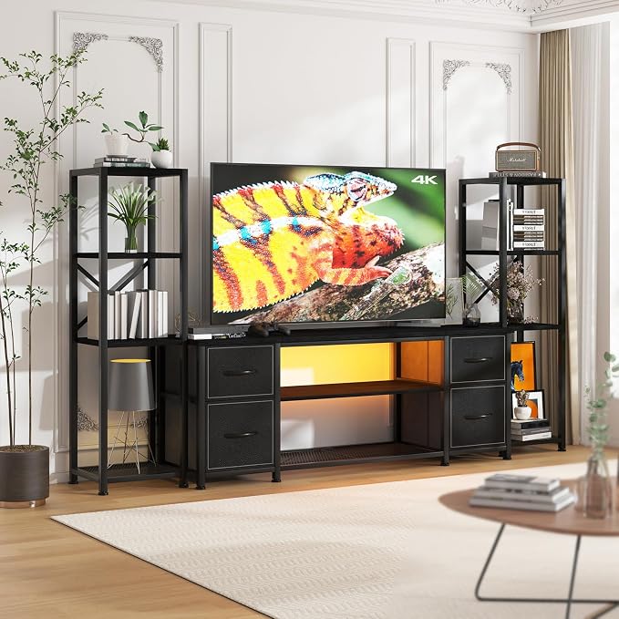 Yenlure LED TV Stand Bookshelf Combo with Charging Station for 65 60 55 Inch TV, Entertainment Center with Lights & Drawers, Industrial Media TV Console Table for Living Room Bedroom Office, Black