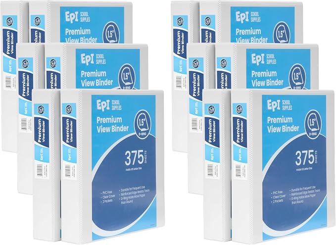 12 Pack White 3-Ring Binders, 1.5", Slant D-Ring, Durable, EPI Premium, Heavy Duty, Holds 375 Sheets, Clear View Presentation, Non-Stick, 2 Inside Pockets, Organizer for School, Home Office