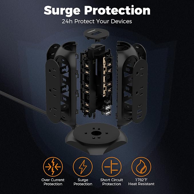 TESSAN Tower Power Strip Flat Plug with 1050J Surge Protection, 6 Ft, Black | 11 Outlets 3 USB (1 USB C), Surge Protector Power Tower, Extension Cord with Multiple Outlets, Dorm, Office Desk Supplies