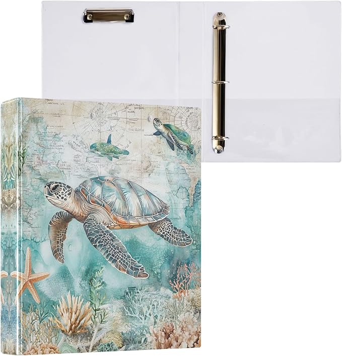 Sea Turtle Shell Starfish Coral Round Ring Binders 1.5 Inch Whale Nautical Ocean Theme 3 Ring Clipboard Binder for Office School Work Supplies File Folder 200 Sheet Capacity 2 Pieces