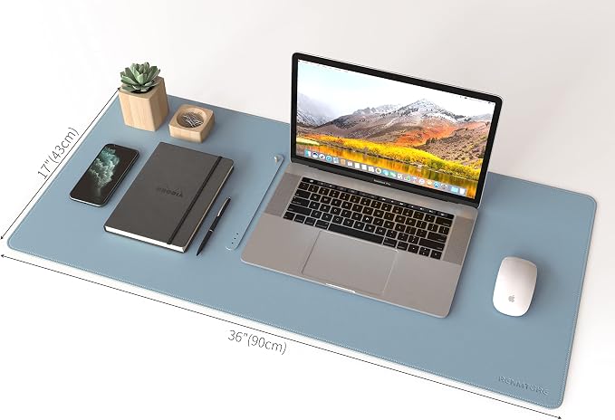 RENMTURE Dual-Sided Mouse Pad, Natural Cork & PU Leather Large Desk Pad for Office and Home Work, Desk Protector Non-Slip, Waterproof, Easy Clean (Blue Gray, 36"x17")