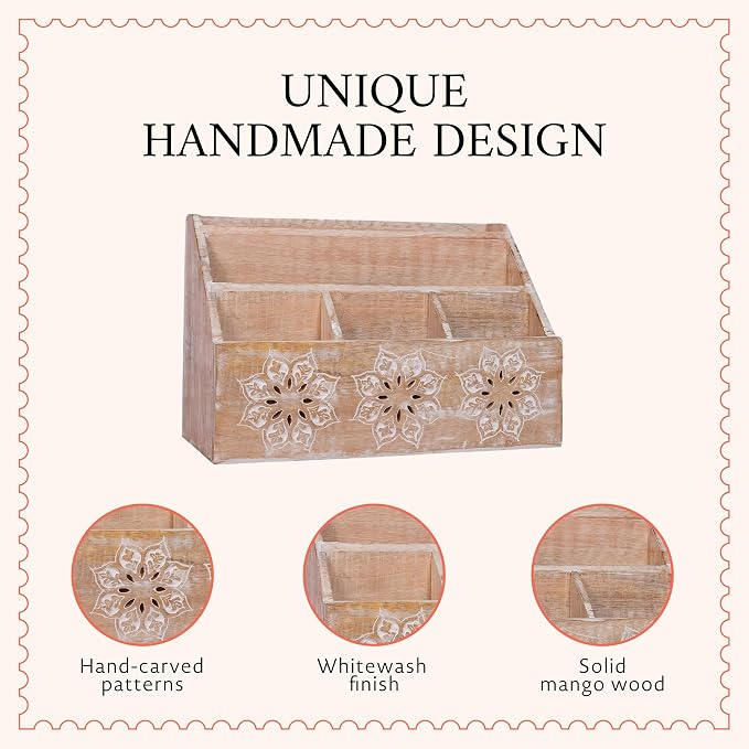 Serena Mango Wood Desk Organizer - Whitewash, 13 in | Functional mail holder featuring 5 compartments tailored for home desk organization, mail storage and rustic office decor.